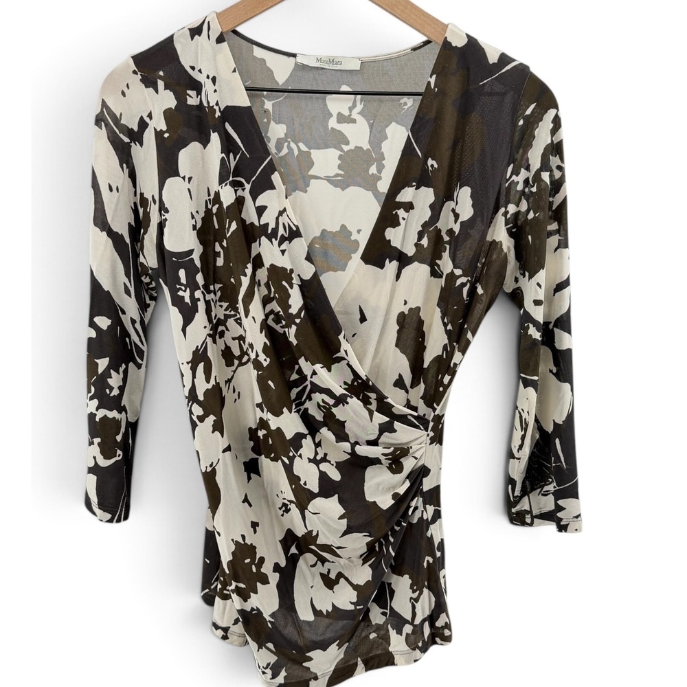 MaxMara Surplice Top Women Medium Brown Floral Faux Wrap Stretch V-Neck Italy